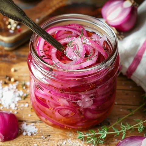 A jar of pickled onions with a spoon in it.
