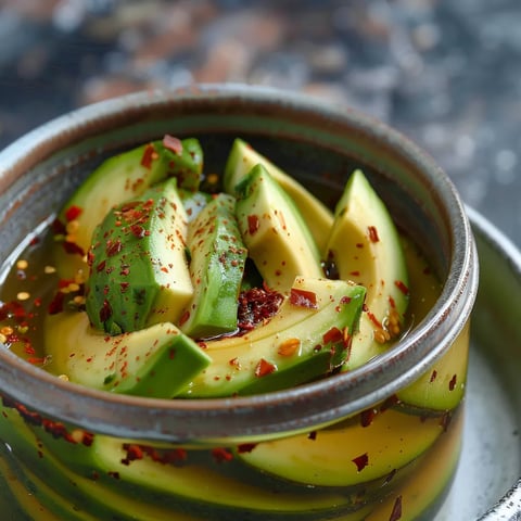 A bowl of sliced avocado with red pepper.