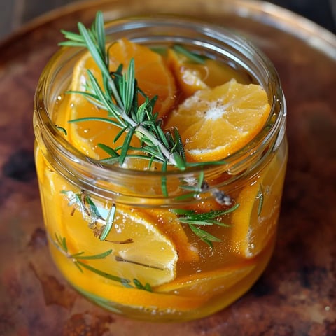 A jar of orange slices with a sprig of rosemary.
