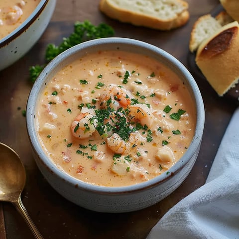 A bowl of soup with shrimp and vegetables.