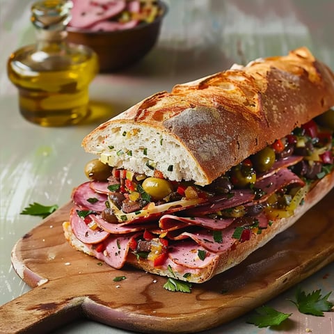A sandwich with meat, olives, and peppers.