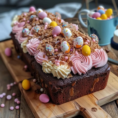 A cake with chocolate frosting and colorful sprinkles.