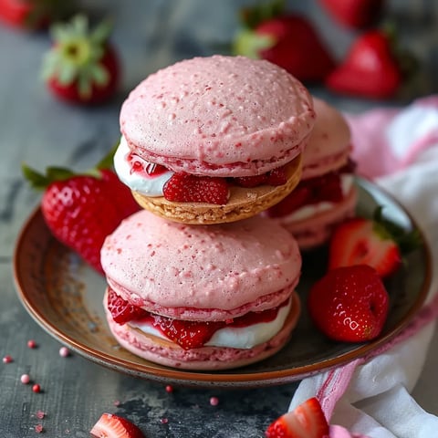 Two pink macaroons with strawberries on top.