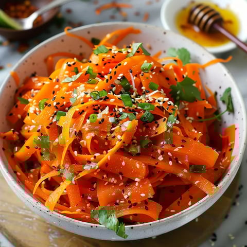 A bowl of shredded carrots with sesame seeds.