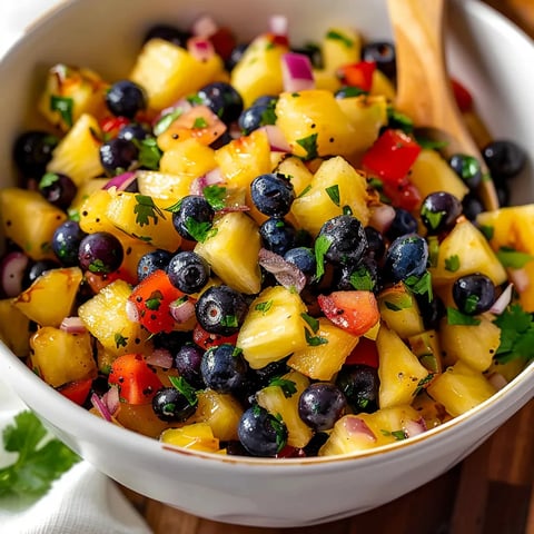A bowl of fruit with blueberries and pineapple.