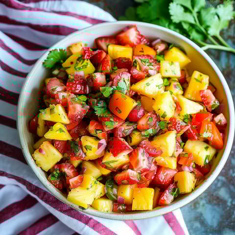 A bowl of fruit salad with tomatoes, pineapple, and cilantro.
