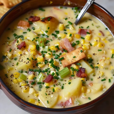 A bowl of soup with corn and potatoes.