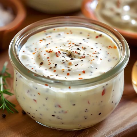 A glass bowl of dip with red peppers.