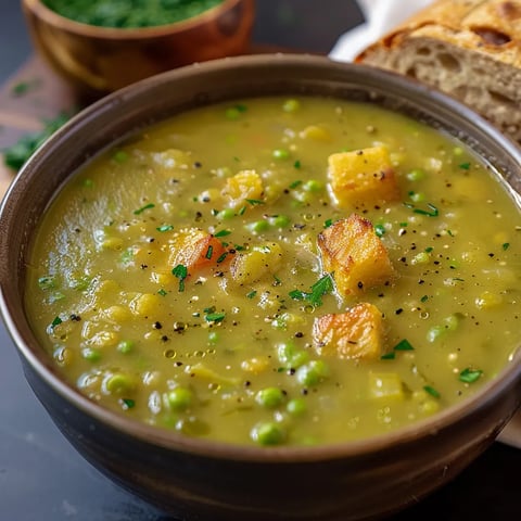 A bowl of soup with peas and carrots.