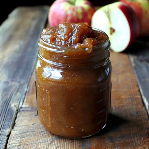 A jar of apple butter on a table.