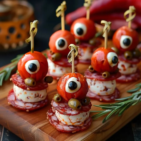 A plate of food with a tomato and olives.