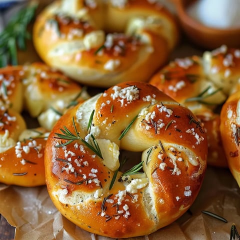 A plate of freshly baked bagels with cheese and herbs.
