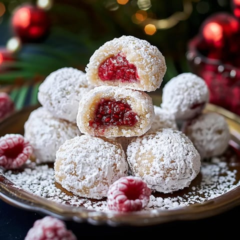 A plate of powdered sugar covered red raspberry filled pastries.