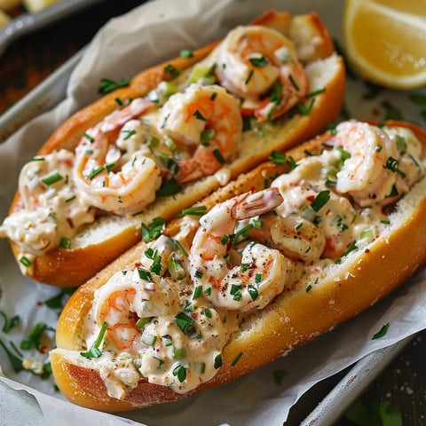 Two shrimp sandwiches on a plate.