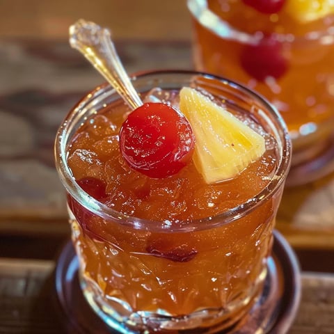A glass of fruit juice with a cherry on top.