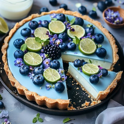 A slice of blueberry cheesecake with lime wedges on top.