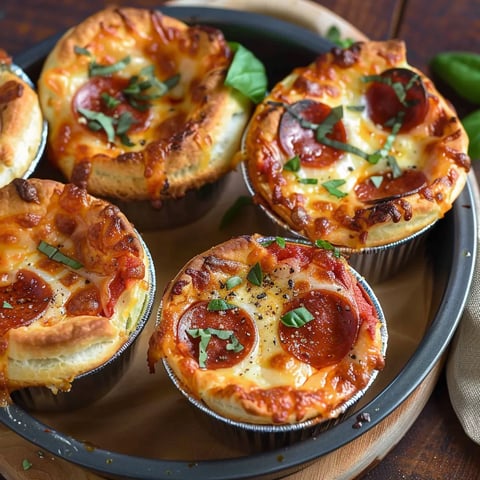A plate of mini pizzas with pepperoni and basil.