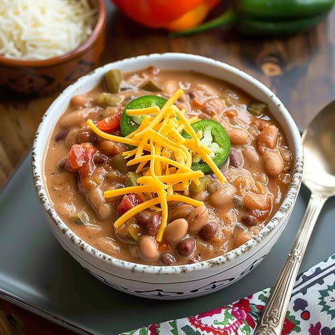 A bowl of soup with cheese and jalapenos.
