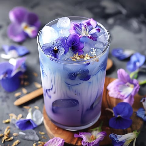 A glass of blue liquid with purple flowers.