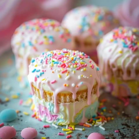 Three cupcakes with pink frosting and sprinkles.