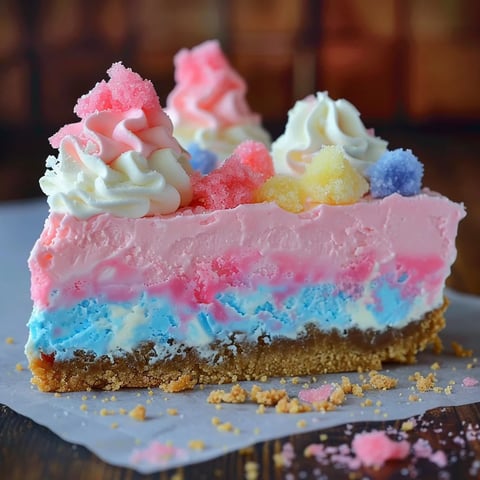 A slice of cake with pink, blue, yellow and white frosting.