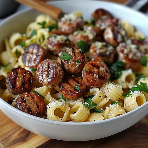 A bowl of pasta with sausage and cheese.