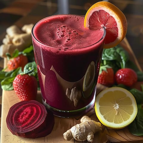 A glass of red juice with a slice of lemon and a slice of ginger.