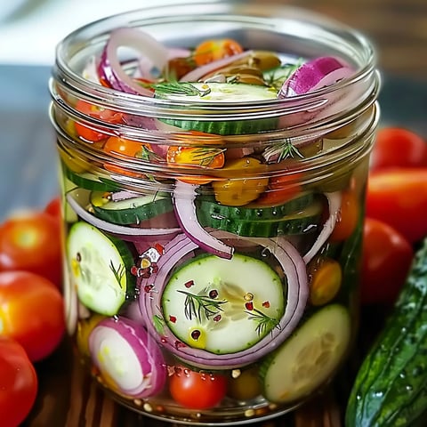 A jar of vegetables including cucumbers, onions, and tomatoes.