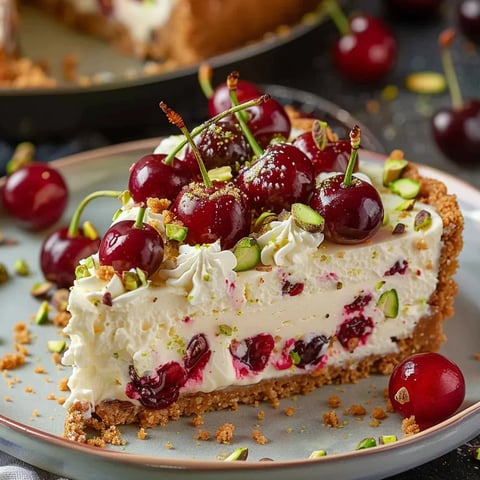 A slice of cherry cheesecake with cherries on top.