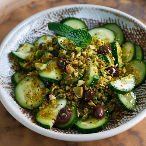 A bowl of vegetables including cucumbers, olives, and mint.
