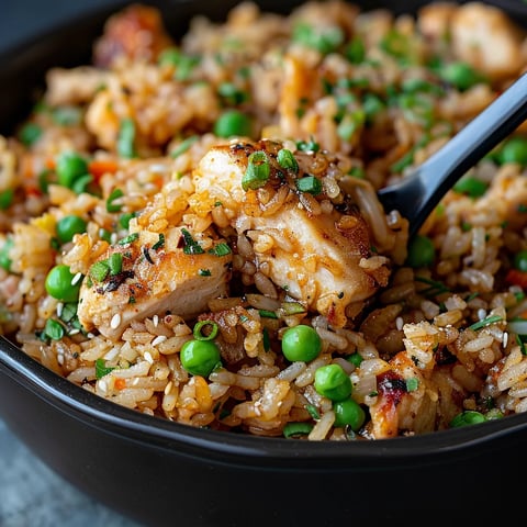 A bowl of rice with chicken and peas.