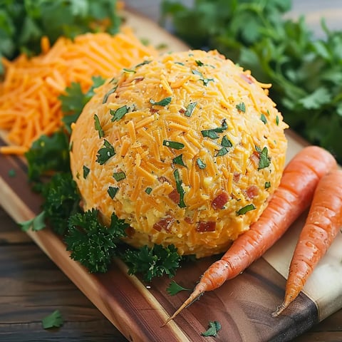 A cheese ball on a cutting board.