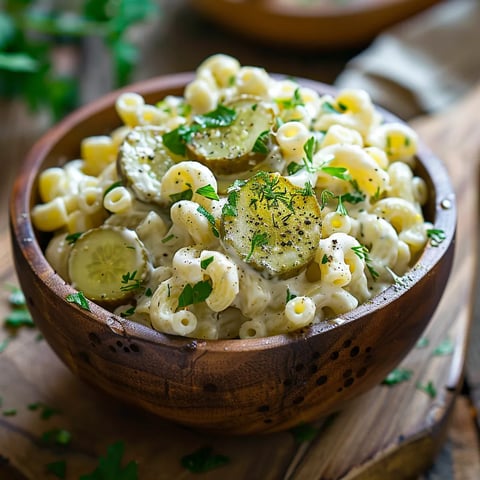 A bowl of macaroni and cheese with a slice of pickle on top.