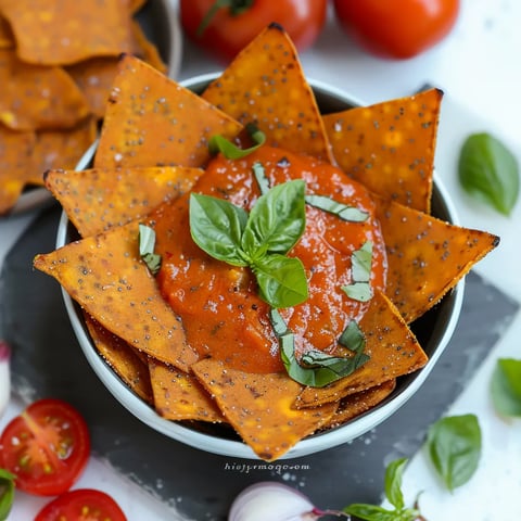 A bowl of chips with tomatoes and basil.