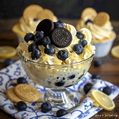 A bowl of ice cream with blueberries and Oreo cookies.