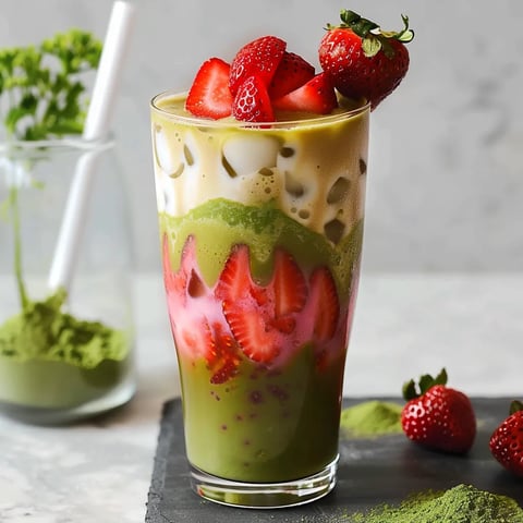 A glass of green smoothie with strawberries.