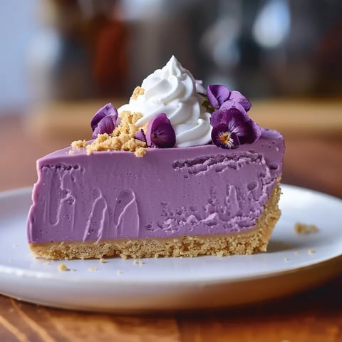 A slice of purple pie with white whipped cream on top.