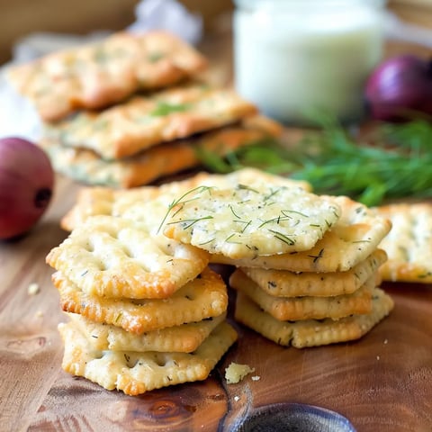 A stack of crackers on a table.