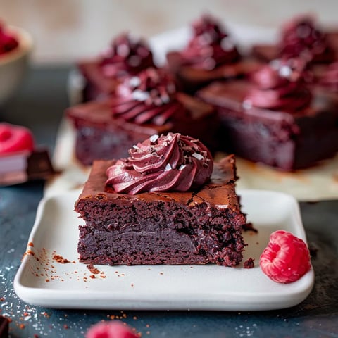 A plate of chocolate cake with raspberries on top.