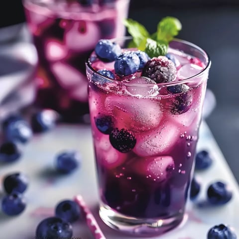 A glass of blueberry juice with blueberries in it.