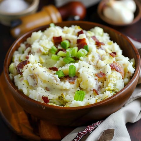 A bowl of mashed potatoes with bacon and green onions.
