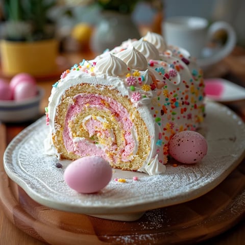 A cake with a pink and white frosting and sprinkles on a plate.