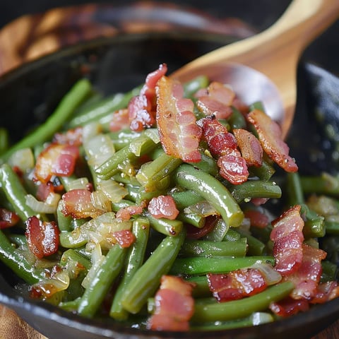 A pan of bacon and green beans.