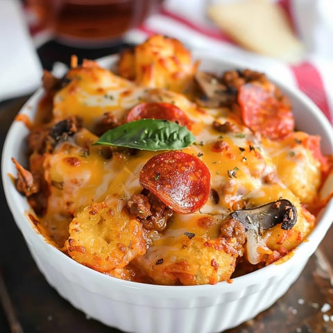 A bowl of food with pepperoni and cheese.