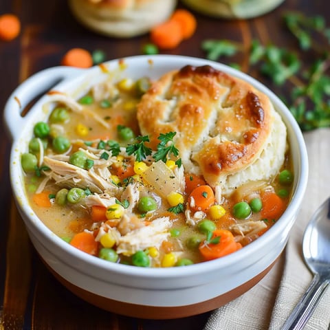 A bowl of soup with a biscuit on top.