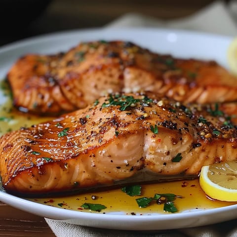 A plate of cooked salmon with lemon wedges.