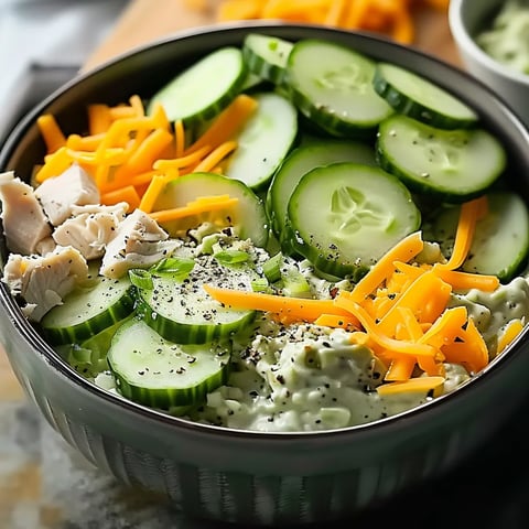 A bowl of food with cucumbers and cheese.