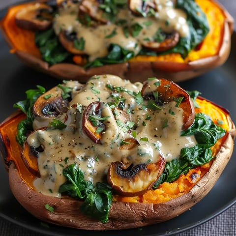 Two slices of pumpkin with mushrooms and greens.