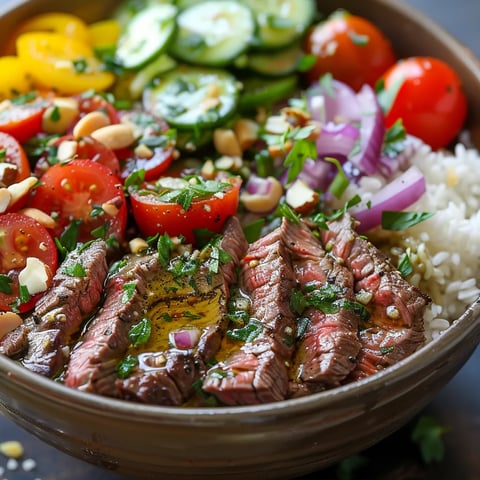 A bowl of food with meat, vegetables, and rice.