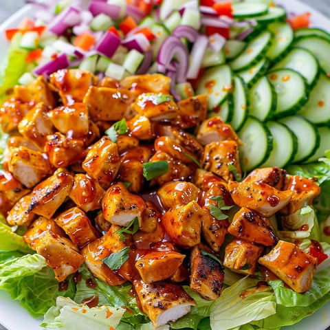 A plate of food with chicken, cucumbers, and onions.